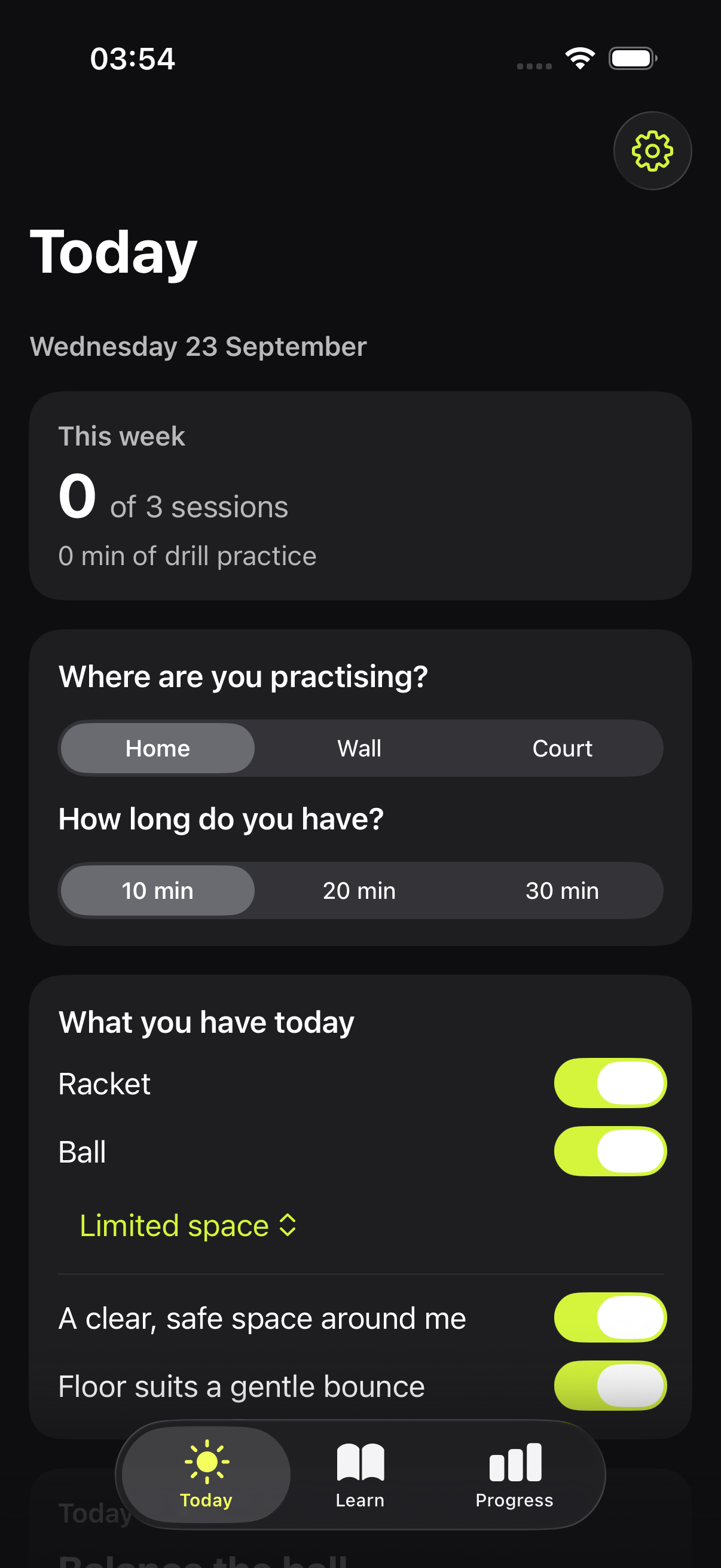 Solo Tennis prototype showing a practice plan