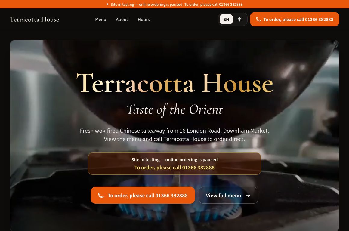 Terracotta House menu and telephone-order website